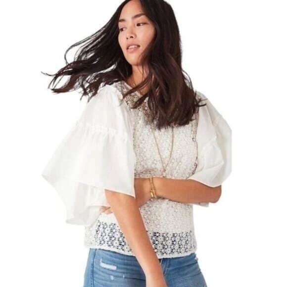 STELLA & DOT Gertie Crochet Eyelet Lace Blouse Boho Top White Sz L - Picture 1 of 12